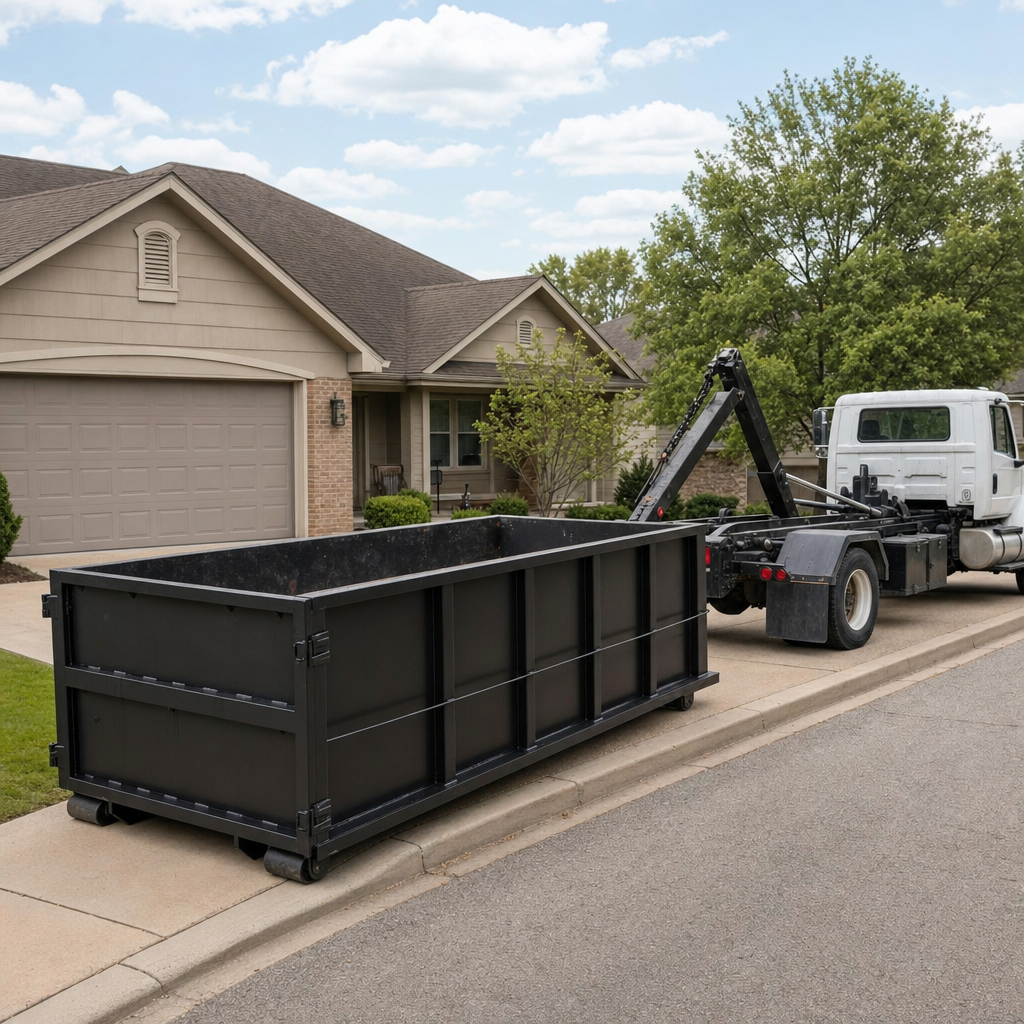 Wide documentary shot of a matte-black roll-off dumpster on a Owensboro residential driveway in the foreground and a contractor jobsite container in the soft-focus background, bright daylight, calm and orderly composition.
